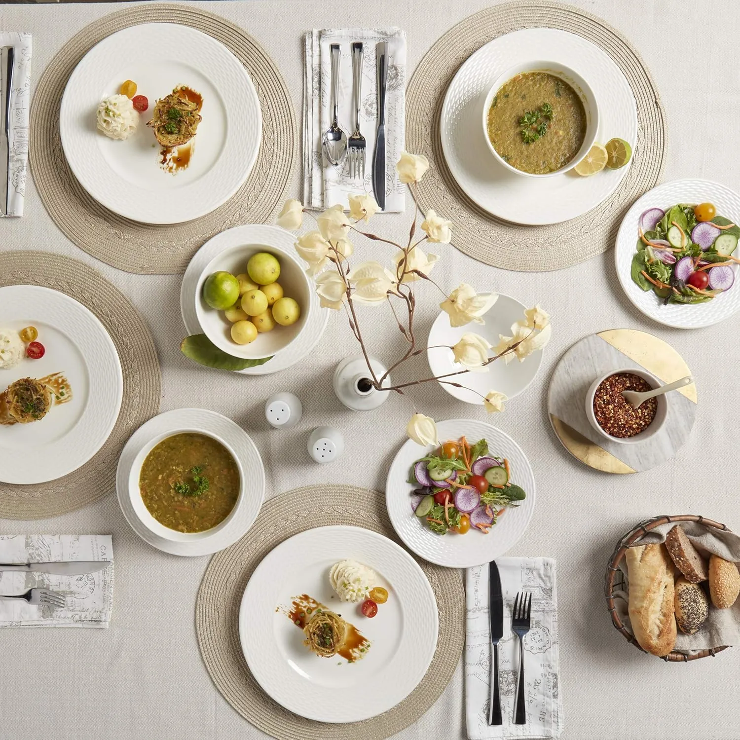 TTU Tabletops Gallery Embossed Bone White Porcelain Round Dinnerware Collection- Chip Resistant Scratch Resistant, Dubai 12 Piece Dinnerware Set (Dinner Plate, Salad Plate, Cereal Bowl)