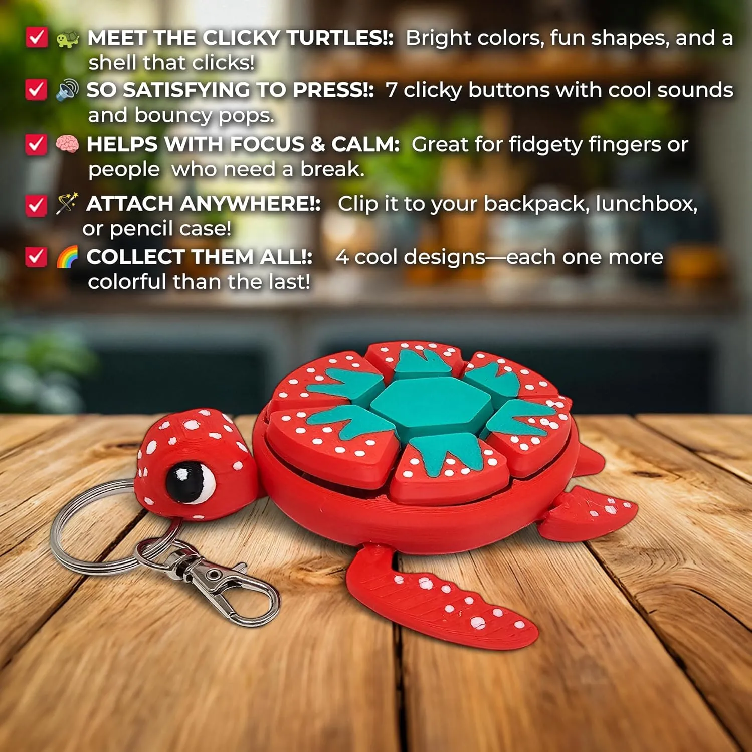 Turtle Fidget Clicker, Mechanical Clicker Shell, Sensory & Anxiety Stress Relief, Fruit & Multicolor Designs, (Strawberry)