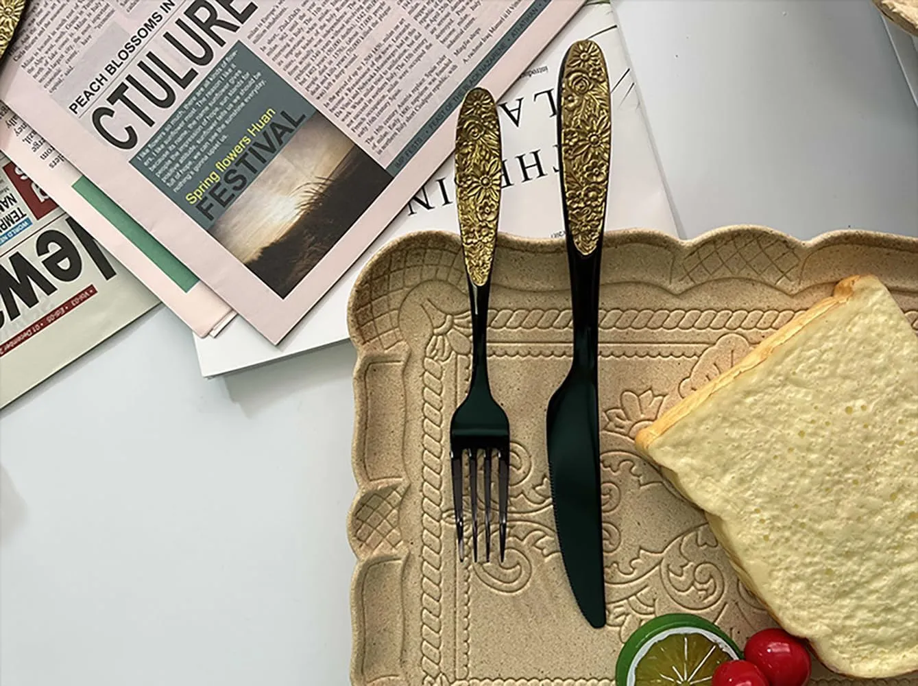 TWEE Black Gold Silverware Set for 4 Unique 18/10 Stainless Steel 20 Flatware Set Beautifully Embossed Floral Pattern Mirror Polished Kitchen Utensils Set for Home Restaurant Tableware