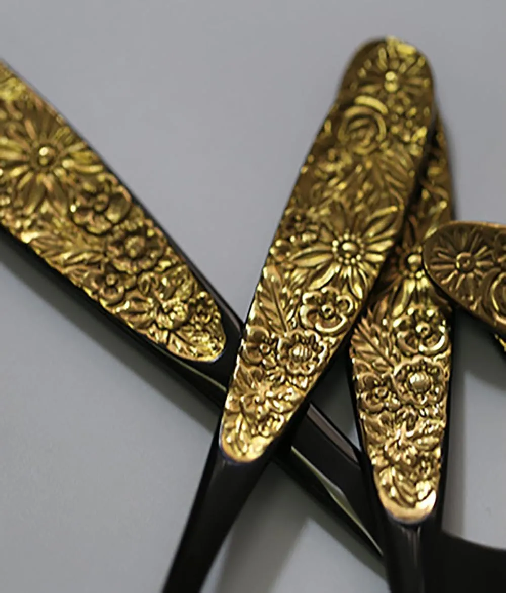 TWEE Black Gold Silverware Set for 4 Unique 18/10 Stainless Steel 20 Flatware Set Beautifully Embossed Floral Pattern Mirror Polished Kitchen Utensils Set for Home Restaurant Tableware