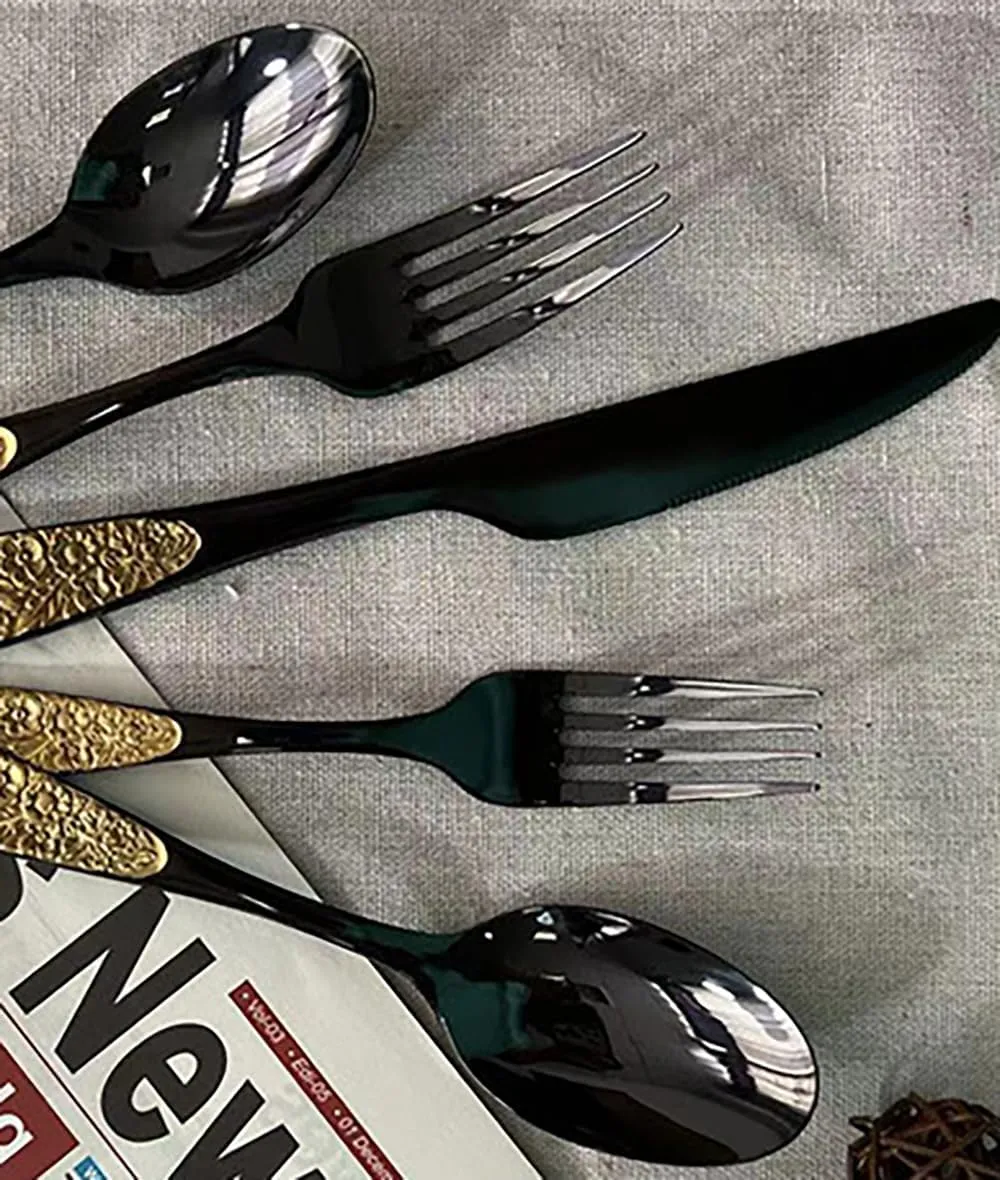TWEE Black Gold Silverware Set for 4 Unique 18/10 Stainless Steel 20 Flatware Set Beautifully Embossed Floral Pattern Mirror Polished Kitchen Utensils Set for Home Restaurant Tableware