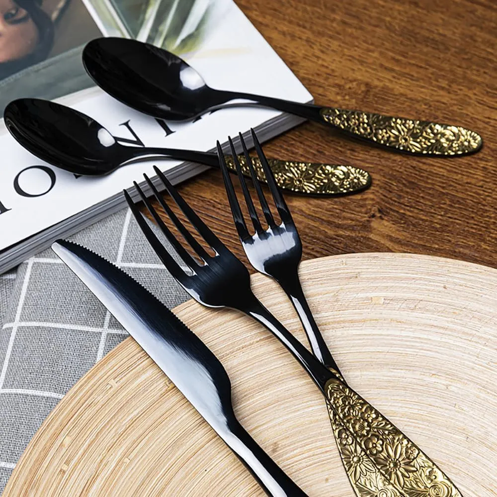 TWEE Black Gold Silverware Set for 4 Unique 18/10 Stainless Steel 20 Flatware Set Beautifully Embossed Floral Pattern Mirror Polished Kitchen Utensils Set for Home Restaurant Tableware