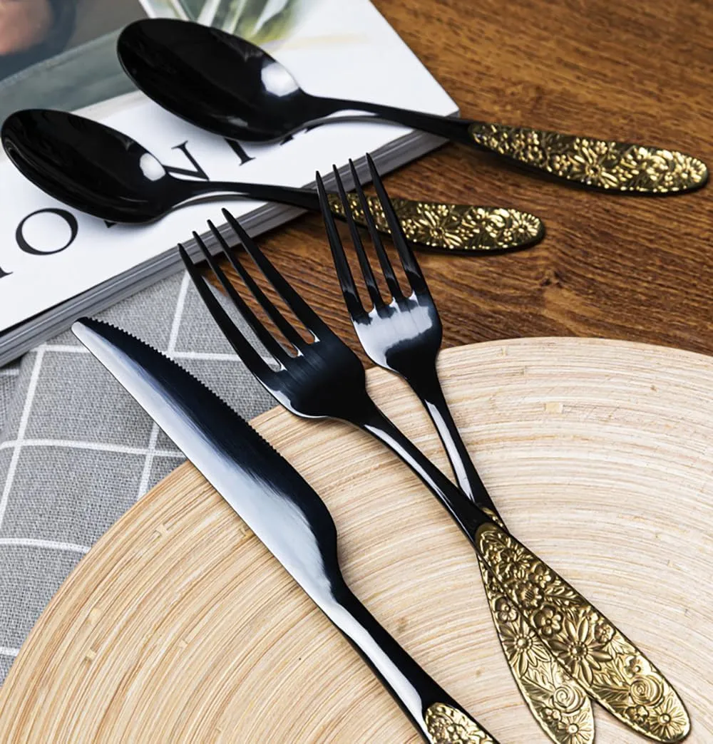 TWEE Black Gold Silverware Set for 4 Unique 18/10 Stainless Steel 20 Flatware Set Beautifully Embossed Floral Pattern Mirror Polished Kitchen Utensils Set for Home Restaurant Tableware
