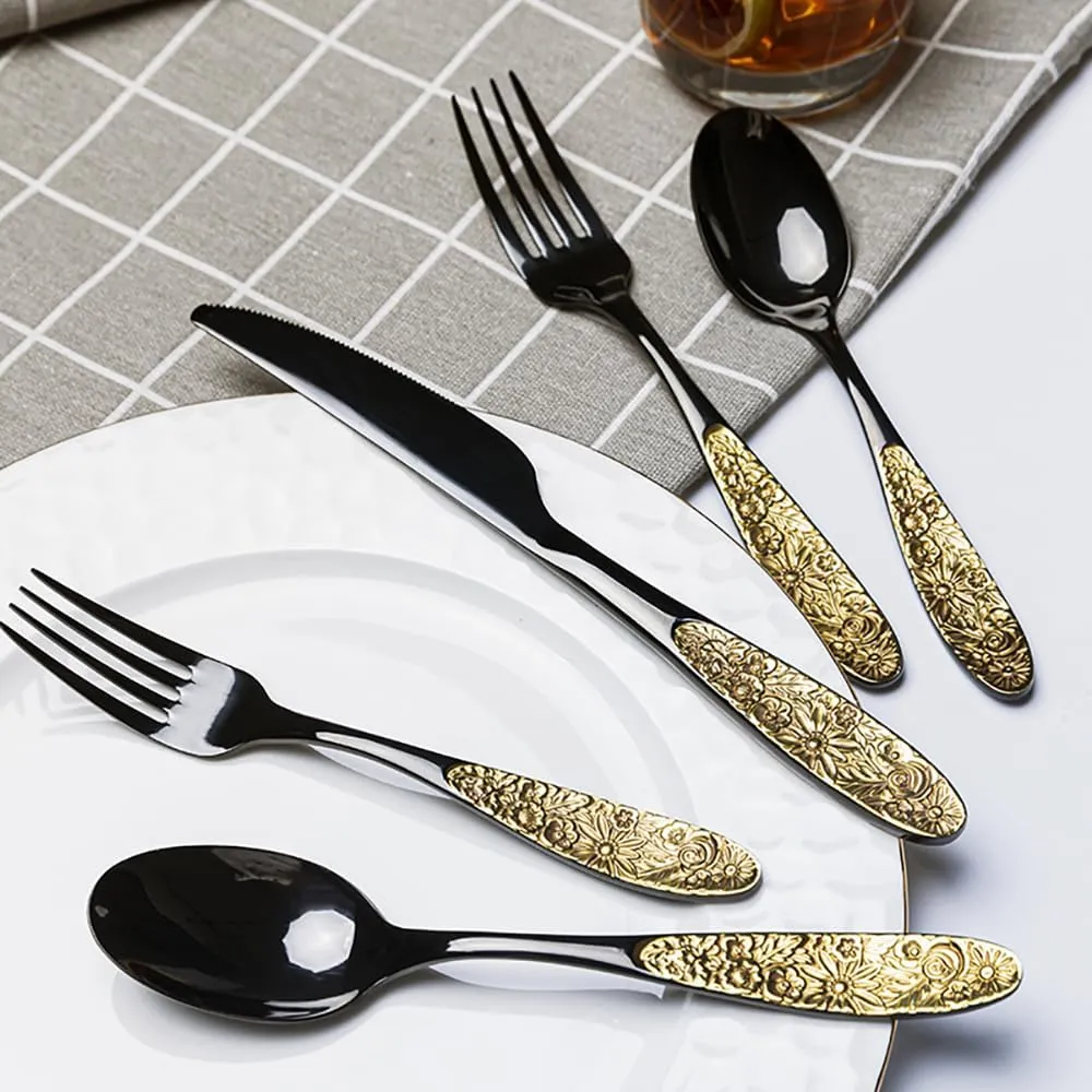 TWEE Black Gold Silverware Set for 4 Unique 18/10 Stainless Steel 20 Flatware Set Beautifully Embossed Floral Pattern Mirror Polished Kitchen Utensils Set for Home Restaurant Tableware