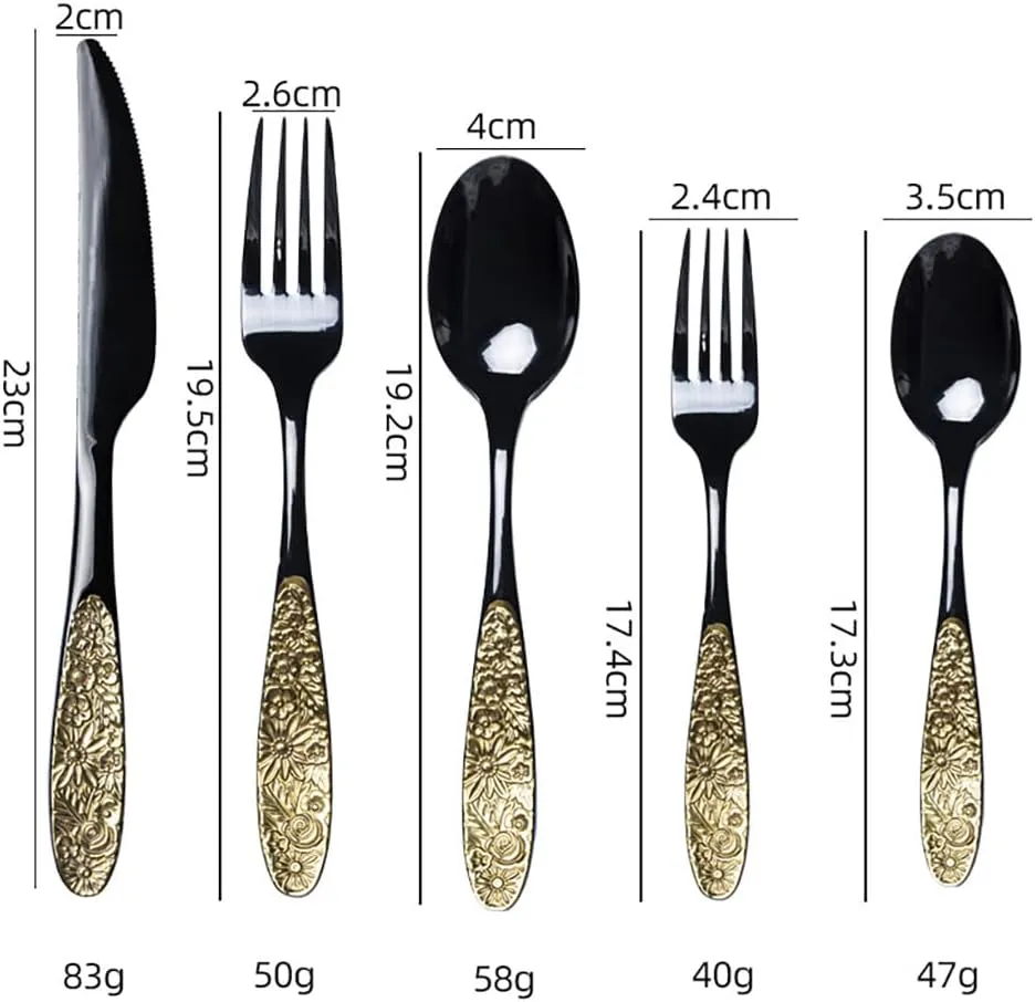TWEE Black Gold Silverware Set for 4 Unique 18/10 Stainless Steel 20 Flatware Set Beautifully Embossed Floral Pattern Mirror Polished Kitchen Utensils Set for Home Restaurant Tableware