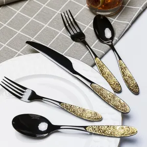 TWEE Black Gold Silverware Set for 4 Unique 18/10 Stainless Steel 20 Flatware Set Beautifully Embossed Floral Pattern Mirror Polished Kitchen Utensils Set for Home Restaurant Tableware