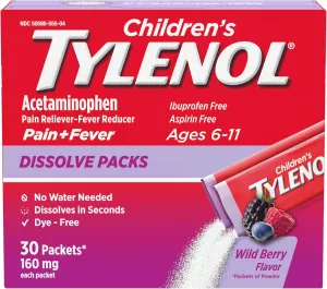 Tylenol Children's Dissolve Packs for Pain Relief, Fever Medication, 160 mg Acetaminophen, Dye Free, Kids' Powder Packets for Cold & Flu Symptom Relief; Wild Berry Flavor, 30 ct.; Pack of 1