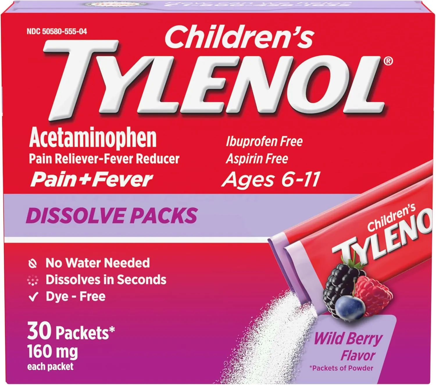 Tylenol Children's Dissolve Packs for Pain Relief, Fever Medication, 160 mg Acetaminophen, Dye Free, Kids' Powder Packets for Cold & Flu Symptom Relief; Wild Berry Flavor, 30 ct.; Pack of 1