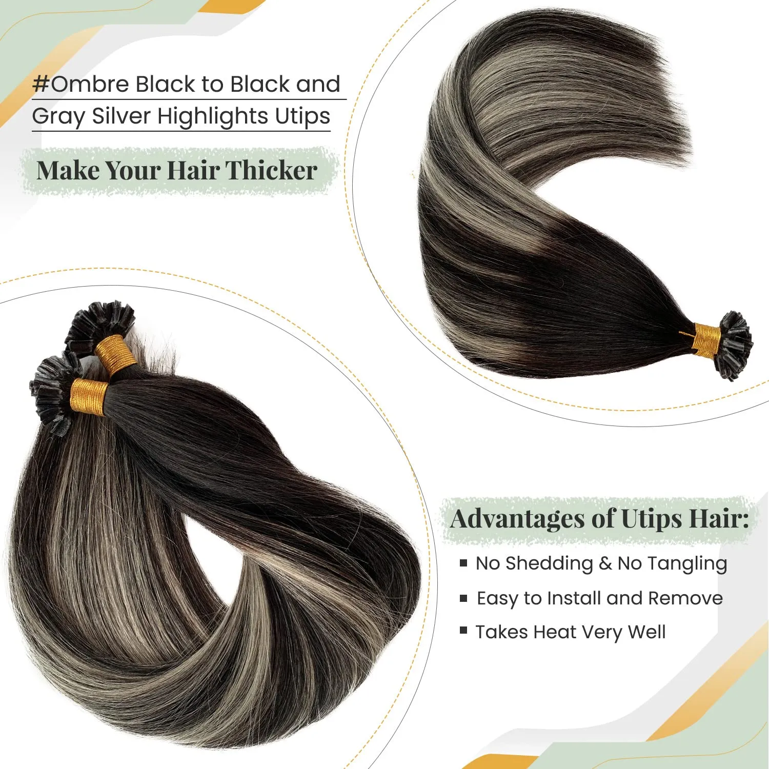 U Tip Hair Extensions Real Human Hair, 12 Inch Balayage Black to Natural Black Mixed Silver Highlights Keratin Tip Extensions Pre Bonded Ombre Silver Utip Extensions for Women
