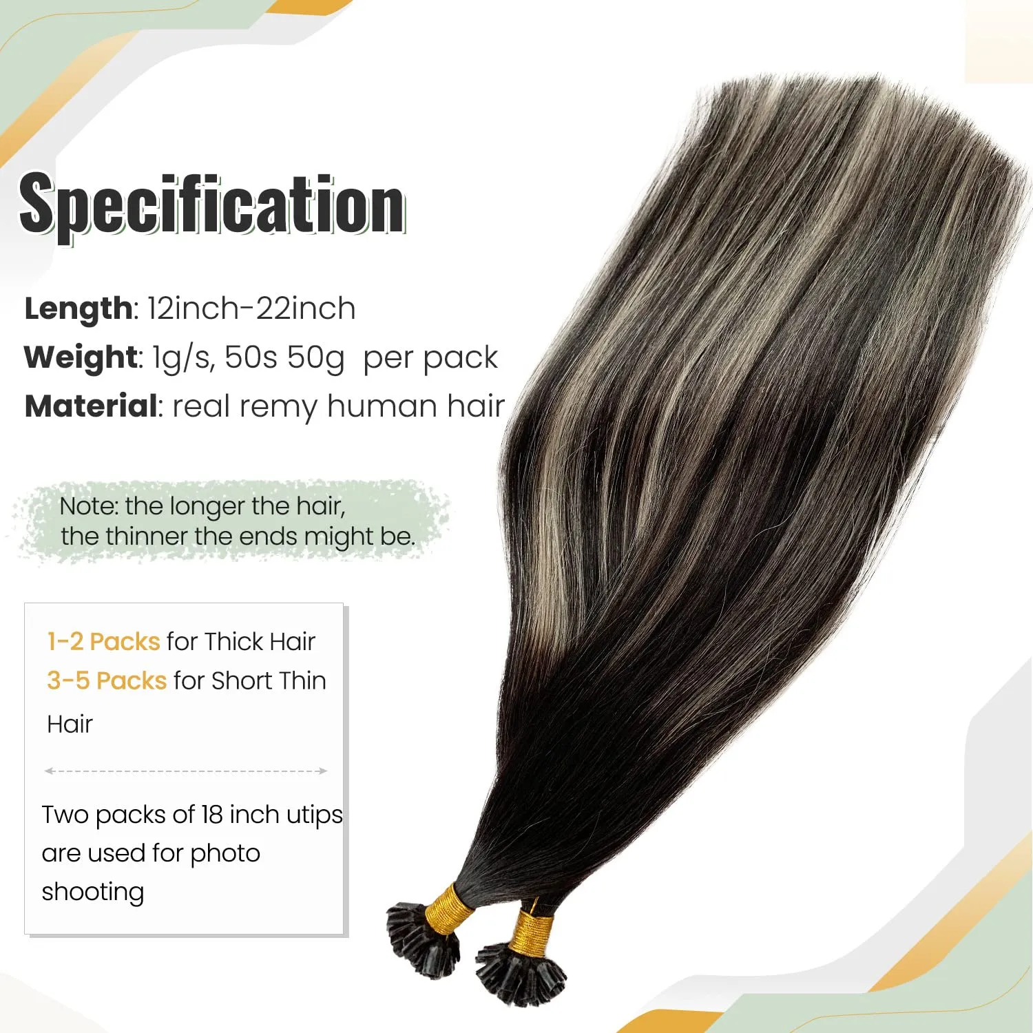 U Tip Hair Extensions Real Human Hair, 12 Inch Balayage Black to Natural Black Mixed Silver Highlights Keratin Tip Extensions Pre Bonded Ombre Silver Utip Extensions for Women