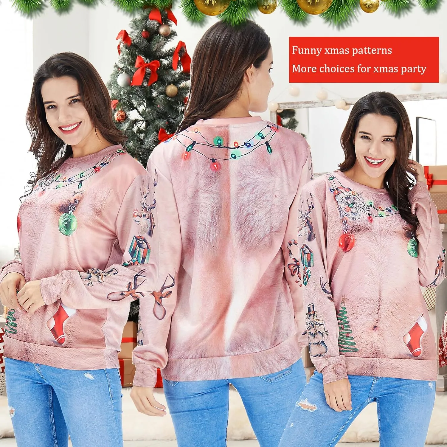 uideazone Unisex Ugly Christmas Sweater 3D Printed Funny Crewneck Pullover Sweatshirts for Xmas Party Celebration