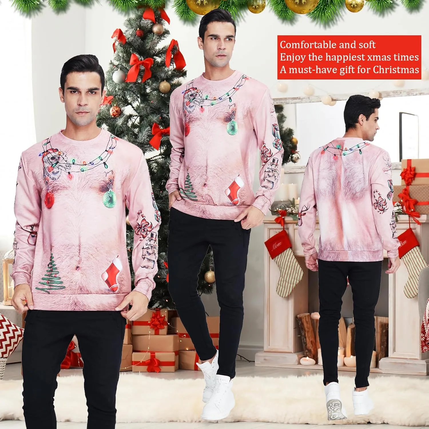 uideazone Unisex Ugly Christmas Sweater 3D Printed Funny Crewneck Pullover Sweatshirts for Xmas Party Celebration