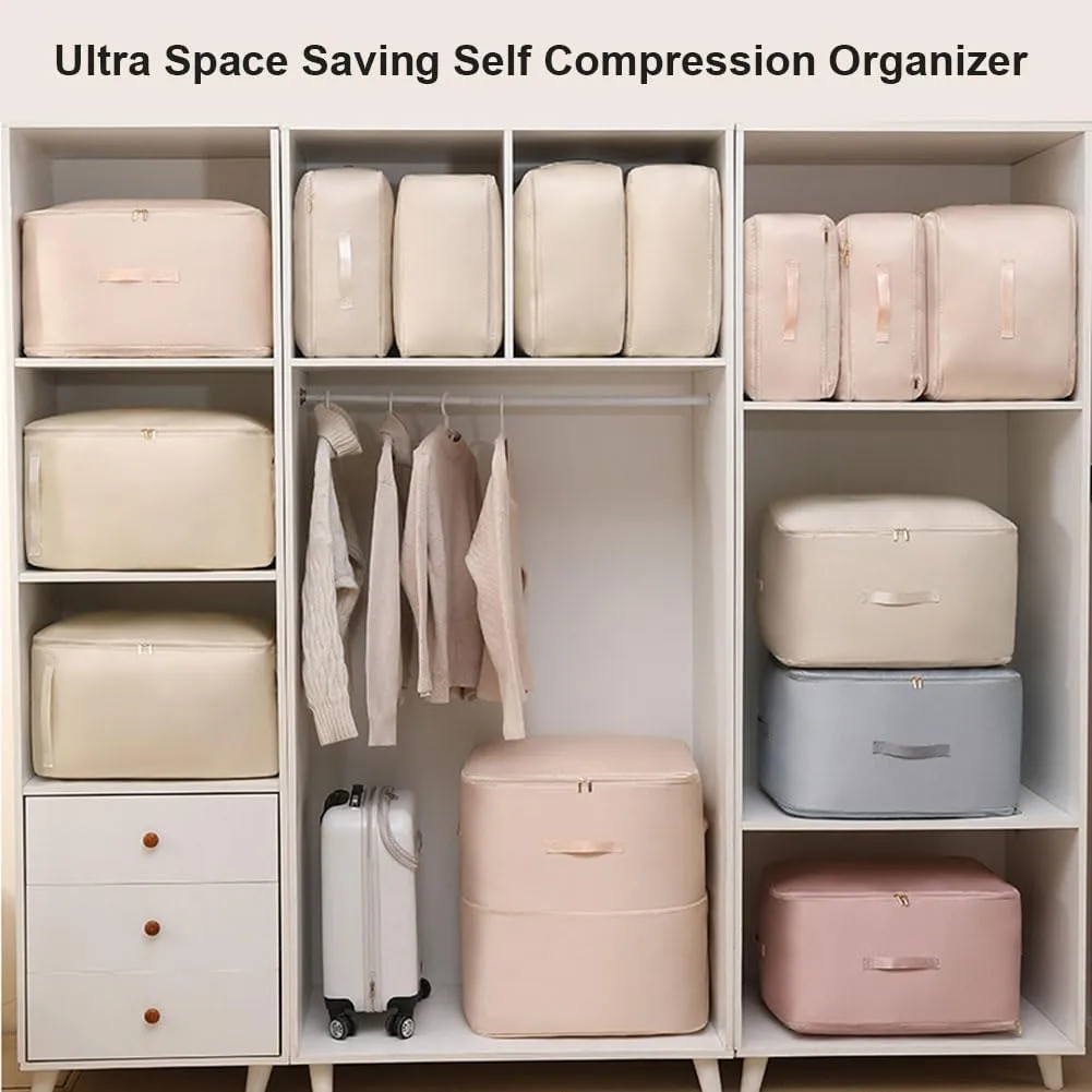 Ultra Space Saving Self Compression Organizer,Blanket Organizers And Storage,Space Bags, Organizer Bags for Comforters,Clothes,Winter Clothes Storage (Pink, XL(54 * 42 * 60CM))