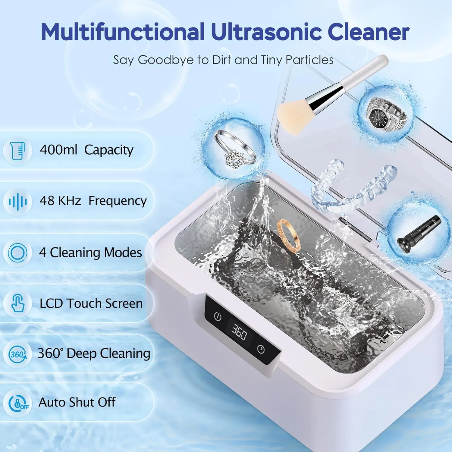 Ultrasonic Jewelry Cleaner Machine: Ring Cleaner Ultrasonic, 48Khz Sonic Cleaner for Necklaces, Eyeglasses, Watch Strap, Dentures - Digital Timer, 4 Time Modes, 304 Stainless Steel, 13.5oz