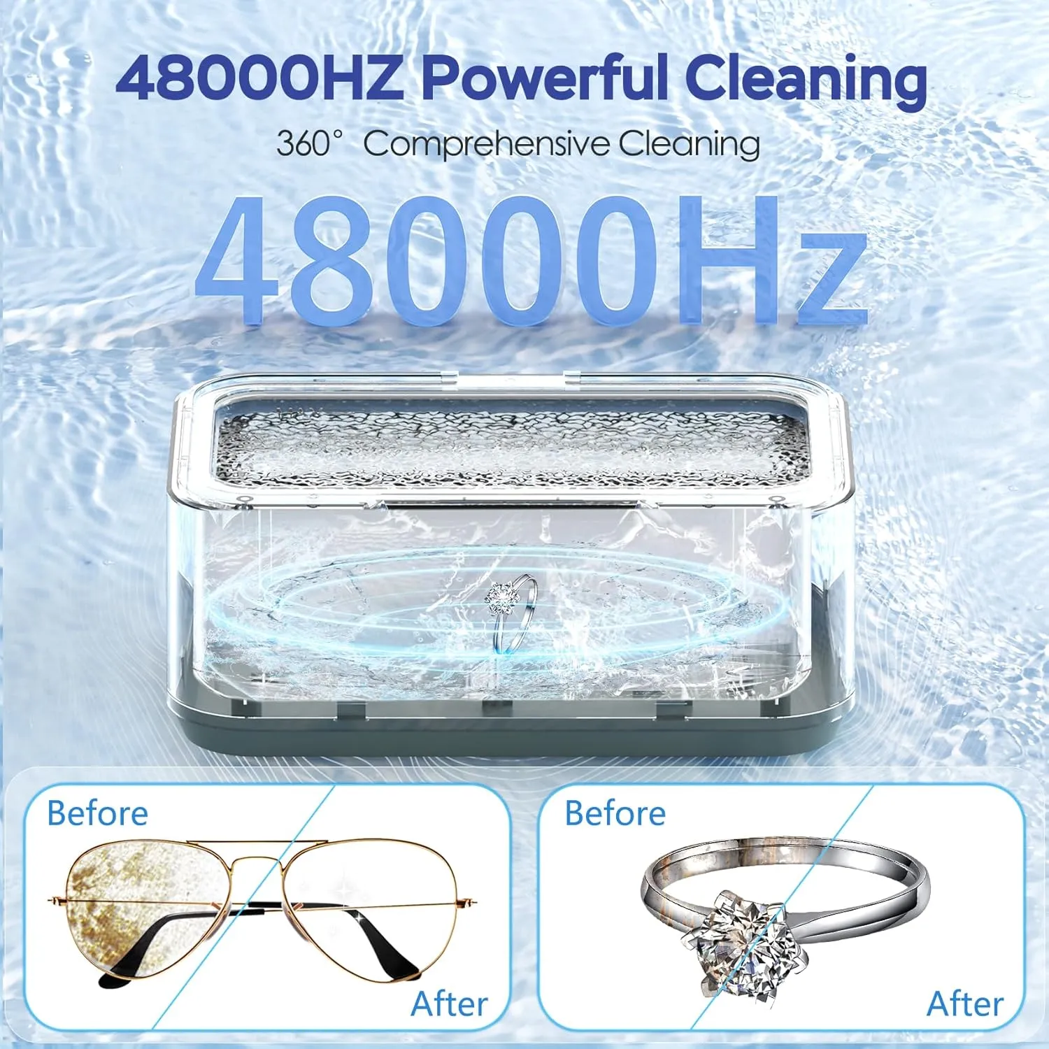 Ultrasonic Jewelry Cleaner Machine: Ring Cleaner Ultrasonic, 48Khz Sonic Cleaner for Necklaces, Eyeglasses, Watch Strap, Dentures - Digital Timer, 4 Time Modes, 304 Stainless Steel, 13.5oz
