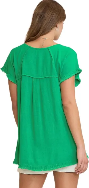 Umgee Linen Ruffle Fringe Edges Top