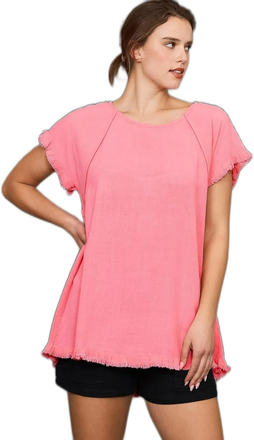 Umgee Linen Ruffle Fringe Edges Top