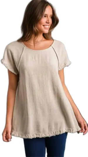 Umgee Linen Ruffle Fringe Edges Top