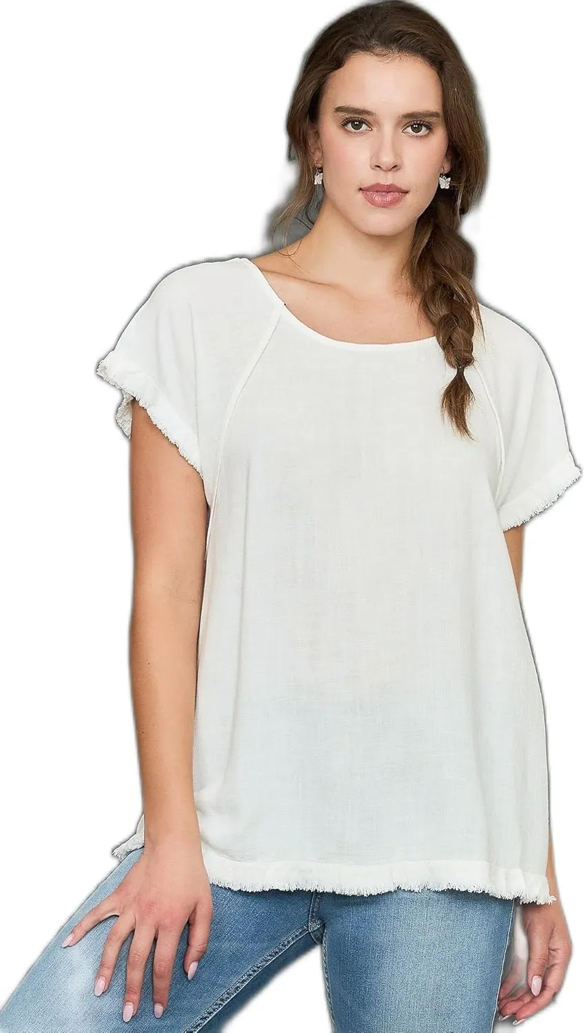 Umgee Linen Ruffle Fringe Edges Top