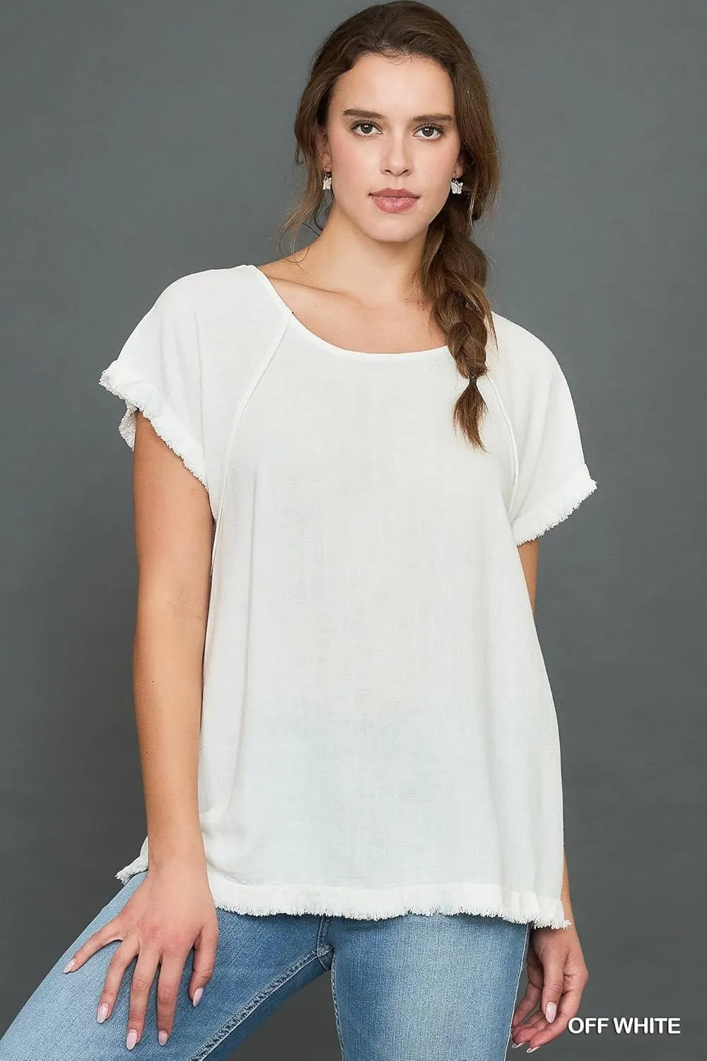 Umgee Linen Ruffle Fringe Edges Top