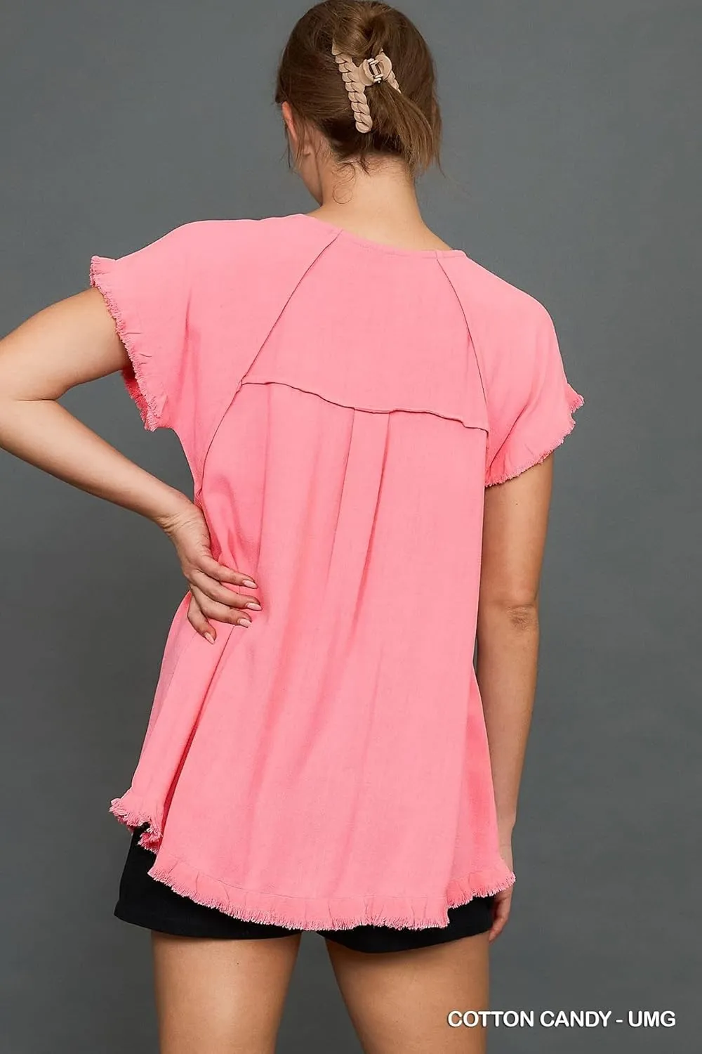 Umgee Linen Ruffle Fringe Edges Top