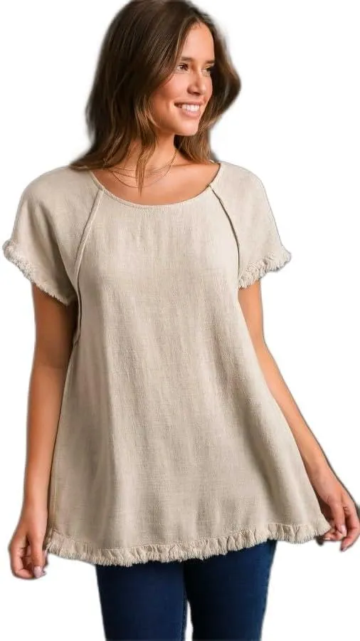 Umgee Linen Ruffle Fringe Edges Top