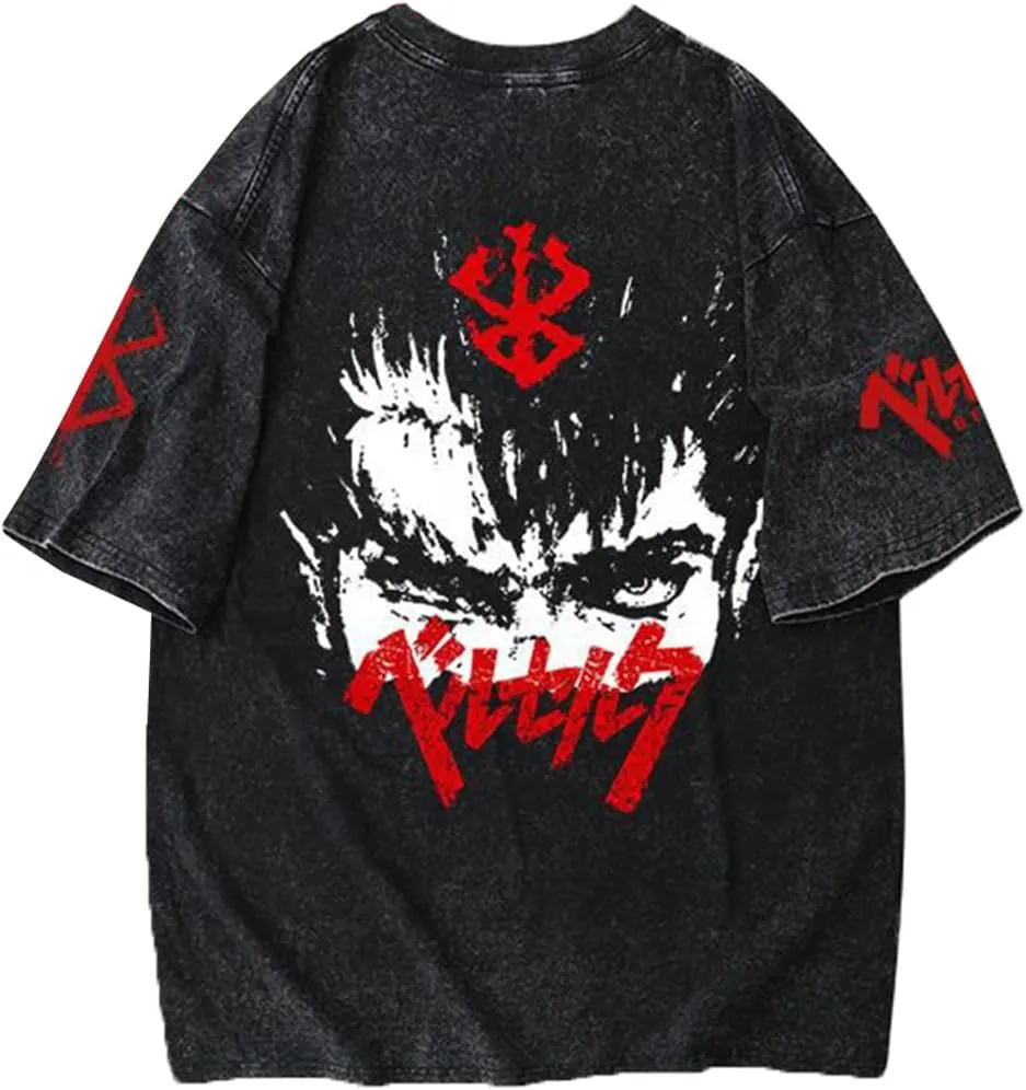 Unisex Vintage Washed T-Shirt Men Anime 3D Novelty Printed Gothic Tee Harajuku Tops Casual Streetwear