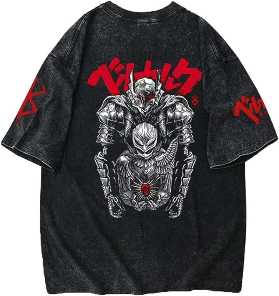 Unisex Vintage Washed T-Shirt Men Anime 3D Novelty Printed Gothic Tee Harajuku Tops Casual Streetwear