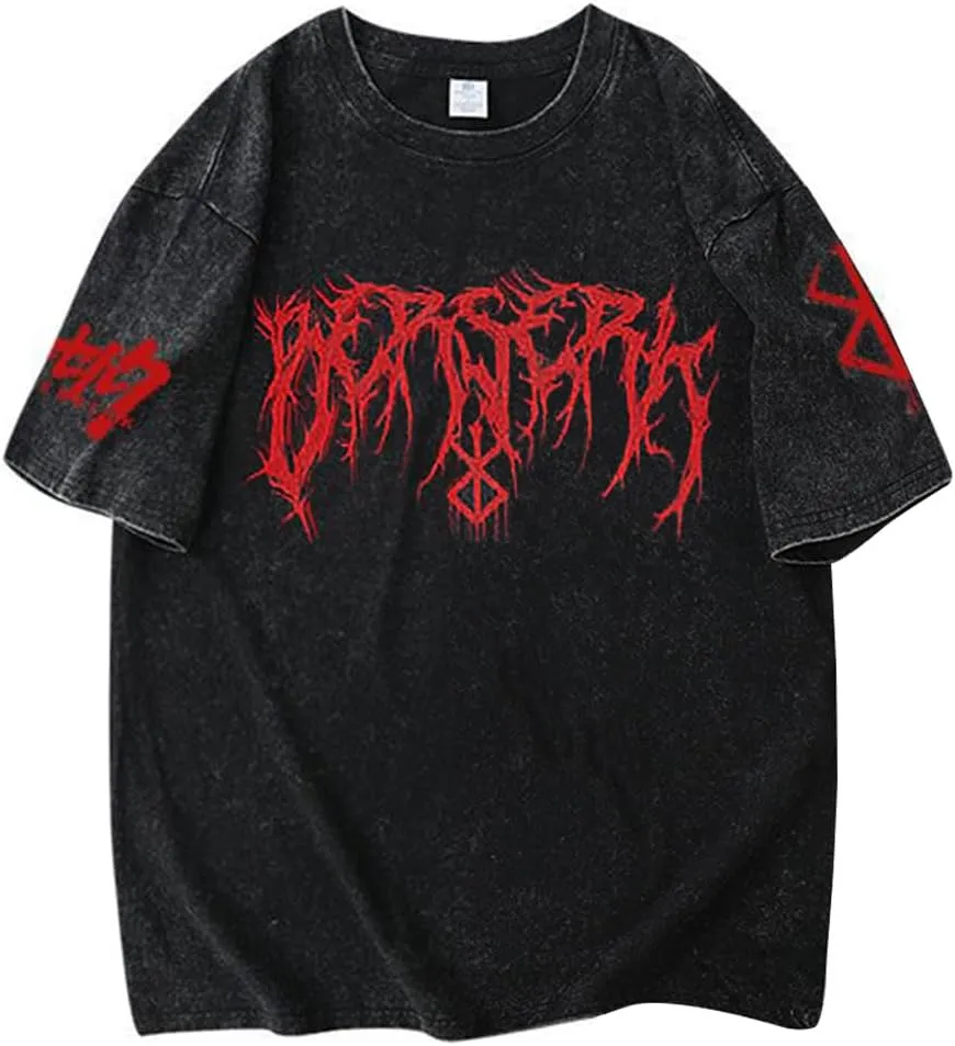 Unisex Vintage Washed T-Shirt Men Anime 3D Novelty Printed Gothic Tee Harajuku Tops Casual Streetwear