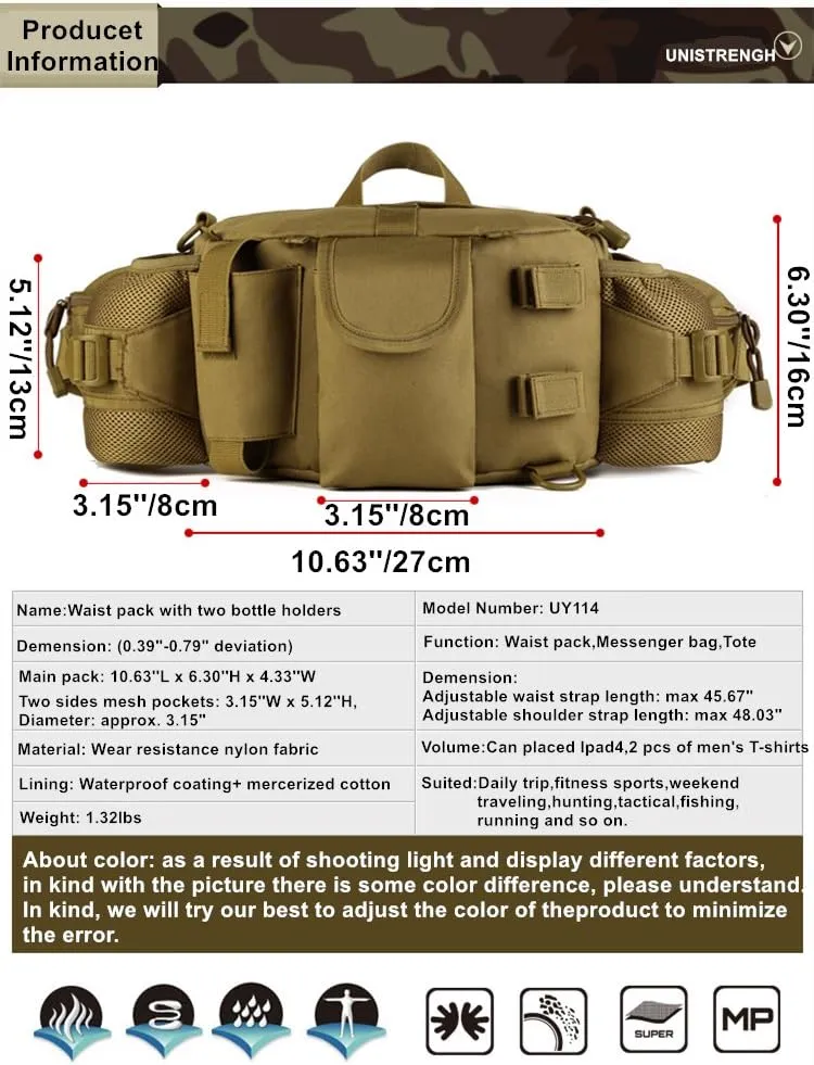 UNISTRENGH Tactical Waist Pack Bag With 2-Water Bottle Pocket Holder Military Fanny Packs Waterproof Hip Belt Bag Pouch for Hunting Trekking Running (Black)