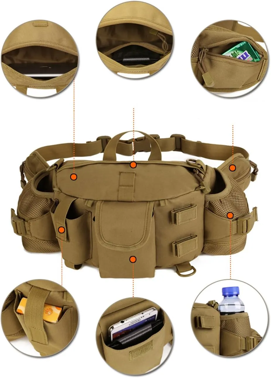 UNISTRENGH Tactical Waist Pack Bag With 2-Water Bottle Pocket Holder Military Fanny Packs Waterproof Hip Belt Bag Pouch for Hunting Trekking Running (Black)