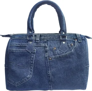 Upcycling Blue Denim Jeans Large Doctor Style Double Top Handle Convertible Shoulder Handbag Purse BNL100 (Dark Shade)
