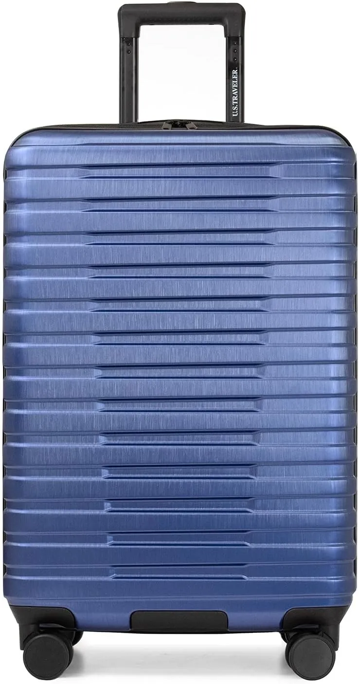 U.S. Traveler Boren Polycarbonate Hardside Rugged Travel Suitcase Luggage with 8 Spinner Wheels, Aluminum Handle, Navy, Checked-Medium 26-Inch