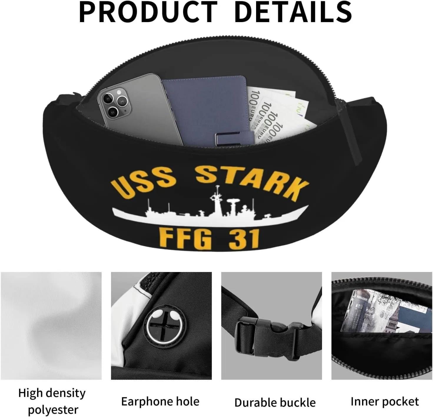 Uss Stark Ffg 31 Adjustable Leisure Waistpack Outdoor Sports Running Waistpack Travel Phone Bag