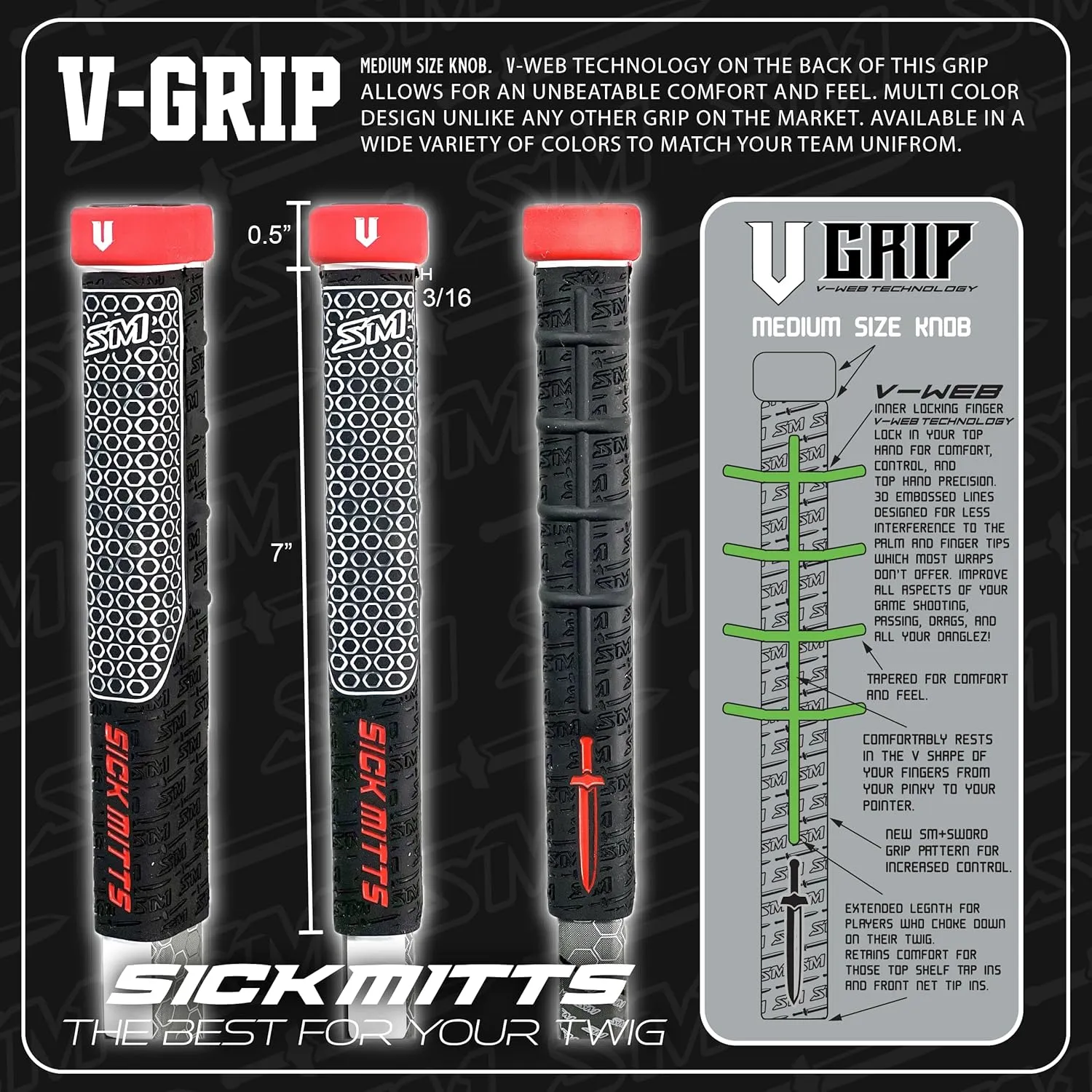 V-Grip Hockey Stick Replacement Grip - Grey Base, Enhance Premium Rubber Hockey Grip, Multiple Colors, Ice Hockey, and Street Hockey.