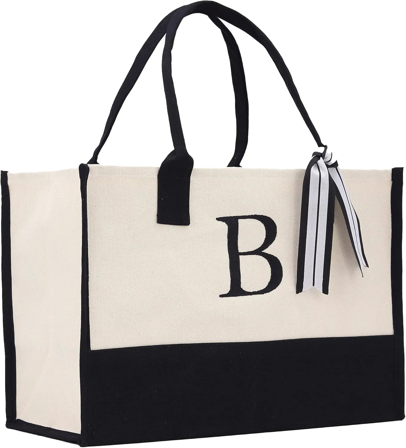 VANESSA ROSELLA Personalized Gift Monogram Initial 100% Cotton Two Tone Chic Tote Bag with Customize Option - Black