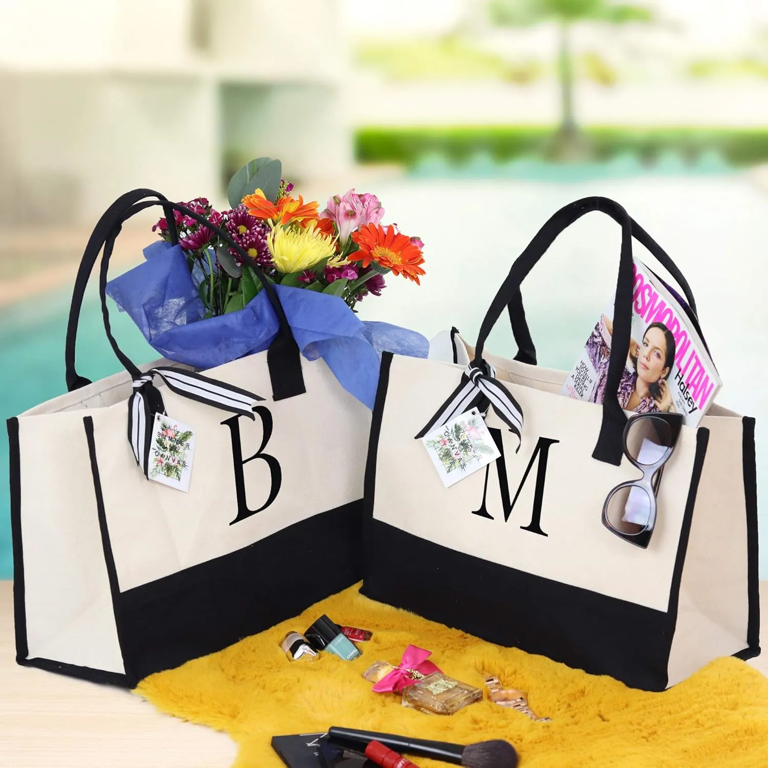 VANESSA ROSELLA Personalized Gift Monogram Initial 100% Cotton Two Tone Chic Tote Bag with Customize Option - Black