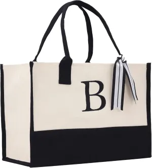 VANESSA ROSELLA Personalized Gift Monogram Initial 100% Cotton Two Tone Chic Tote Bag with Customize Option - Black