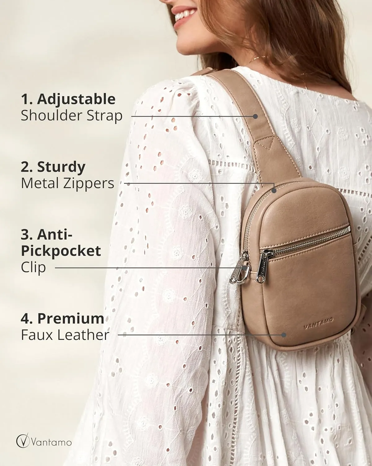 Vantamo Small Crossbody Bags for Women, Sling Bag with RFID & Anti-Pickpocket Clip, Adjustable Strap Cross Body Fanny Packs