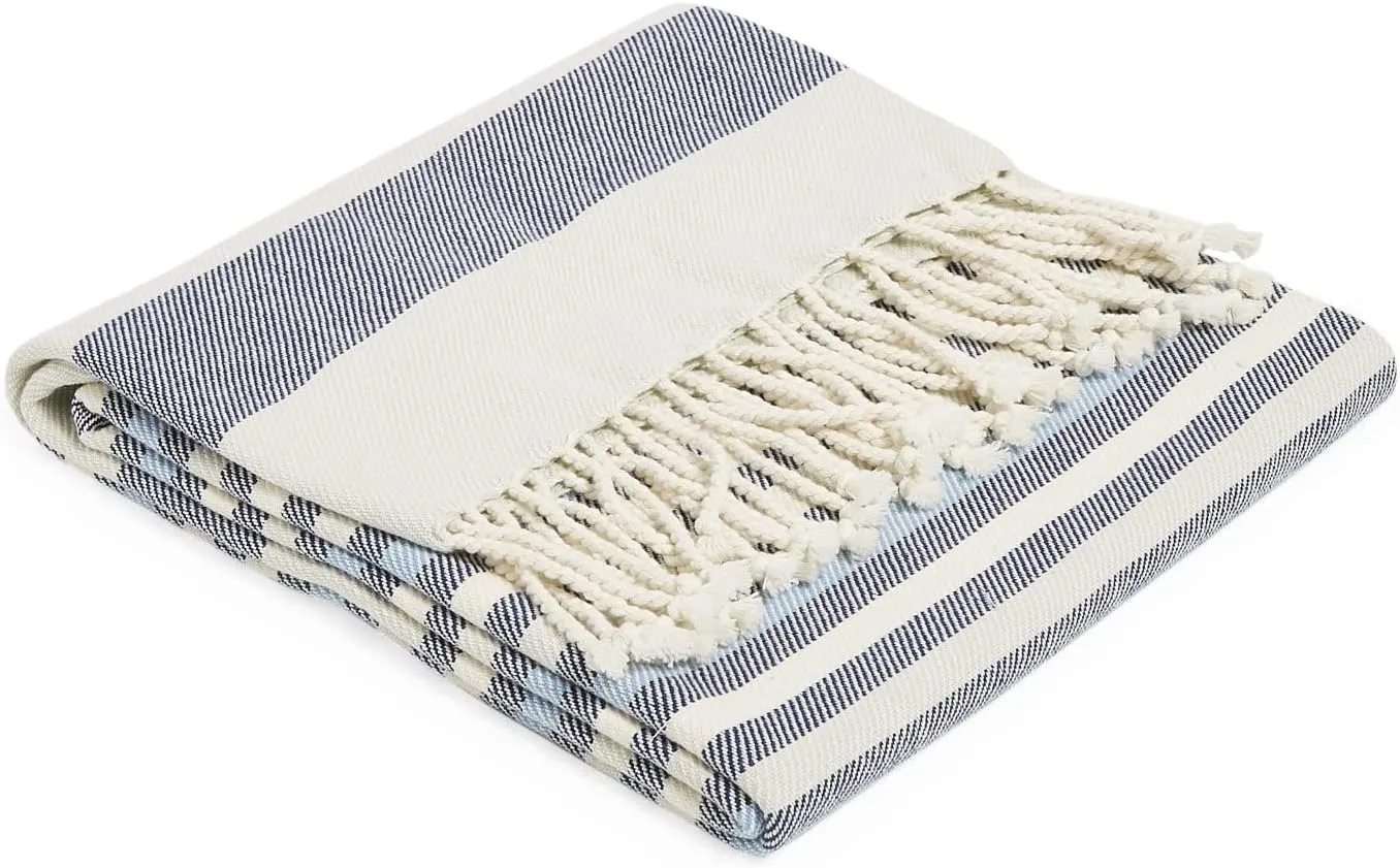 Vera Bradley Women's Recycled Cotton Indoor/Outdoor Throw Blanket, Seaside Stripe Navy - Recycled Cotton, One Size