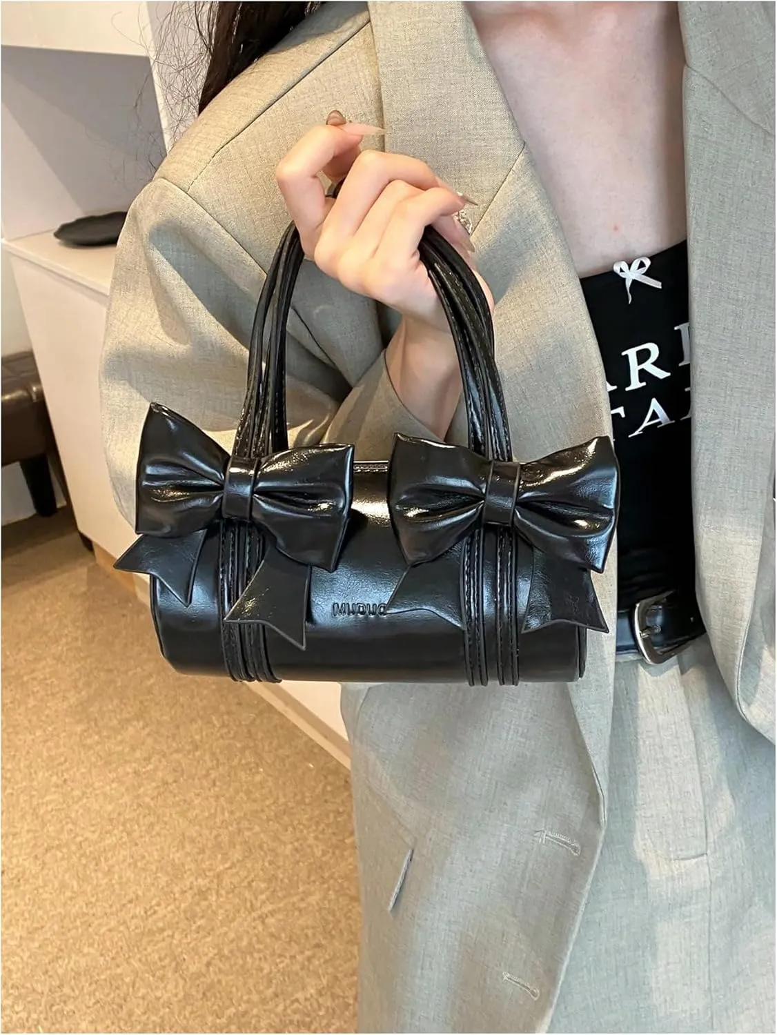 Verdusa Women's Bow Leather Barrel Purse Top Handle Double Strap Satchel Handbag