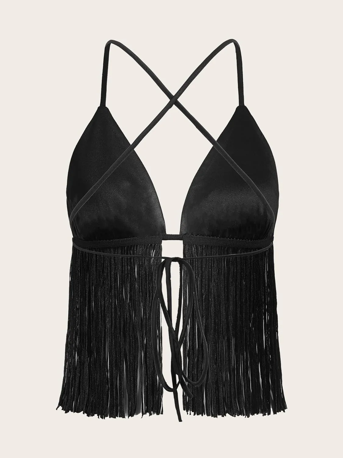 Verdusa Women's Crisscross Tie Backless Fringe Hem Sleeveless Satin Crop Cami Top