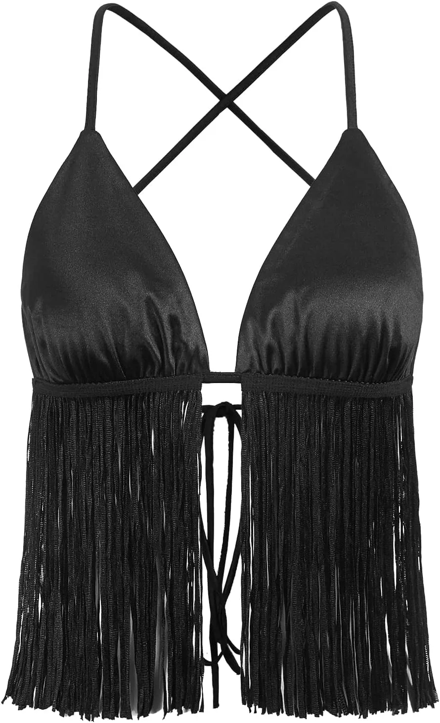 Verdusa Women's Crisscross Tie Backless Fringe Hem Sleeveless Satin Crop Cami Top