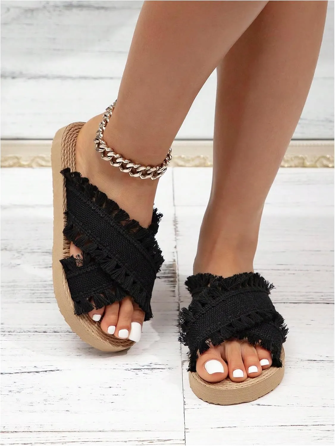 Verdusa Women's Fringe Criss Cross Strap Summer Sandals Slip On Slides Outdoor Shoes
