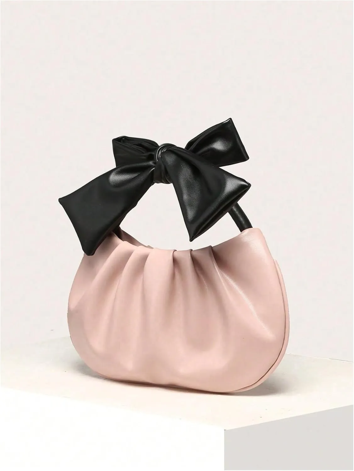 Verdusa Women's Ruched Hobo Handbag Cute Bow Clutch Purse Small Leather Top Handle Bags