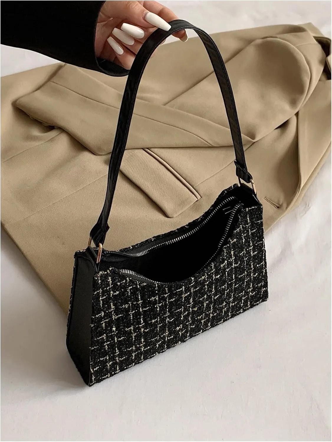Verdusa Women's Tweed Shoulder Bag Plaid Print Work Bags Top Handle Handbag