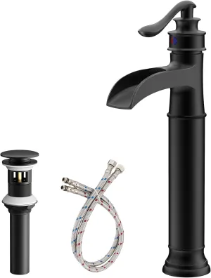 Vessel Sink Faucet 1 Hole, Waterfall Single Handle Bathroom Faucet, Matte Black Tall Farmhouse Bathroom Faucets with Pop Up Drain Mixer Tap for Lavatory Modern Antique Washroom