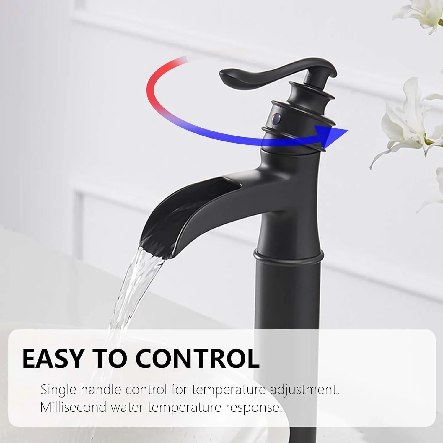 Vessel Sink Faucet 1 Hole, Waterfall Single Handle Bathroom Faucet, Matte Black Tall Farmhouse Bathroom Faucets with Pop Up Drain Mixer Tap for Lavatory Modern Antique Washroom