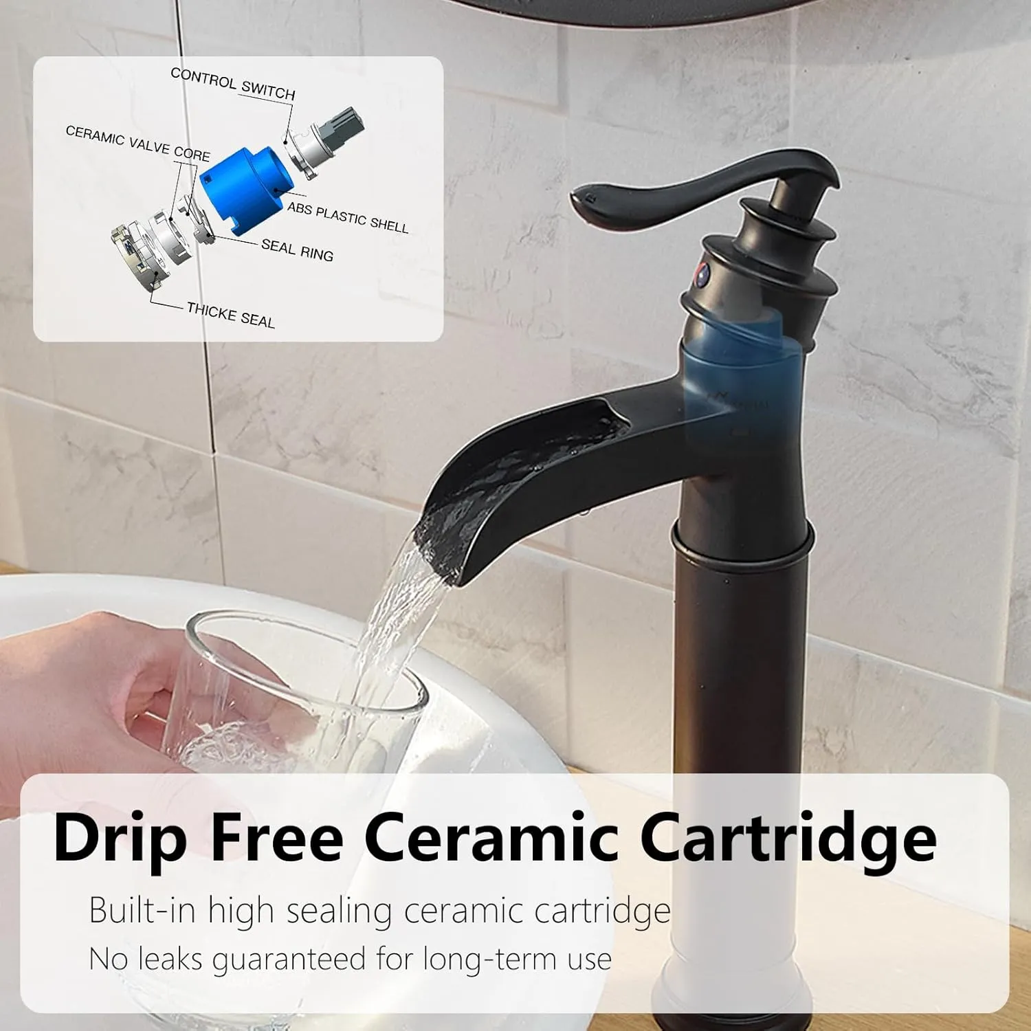 Vessel Sink Faucet 1 Hole, Waterfall Single Handle Bathroom Faucet, Matte Black Tall Farmhouse Bathroom Faucets with Pop Up Drain Mixer Tap for Lavatory Modern Antique Washroom