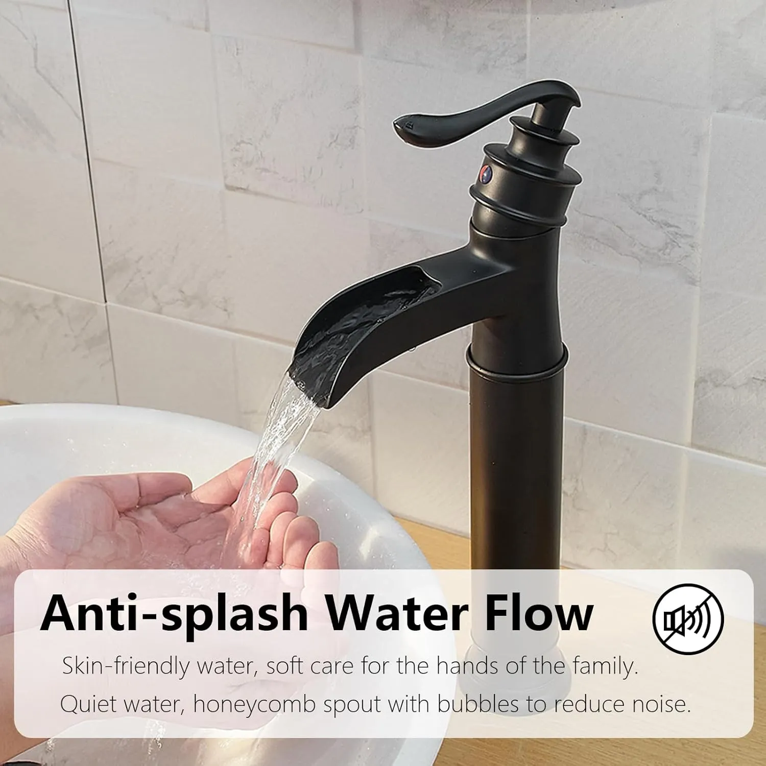 Vessel Sink Faucet 1 Hole, Waterfall Single Handle Bathroom Faucet, Matte Black Tall Farmhouse Bathroom Faucets with Pop Up Drain Mixer Tap for Lavatory Modern Antique Washroom